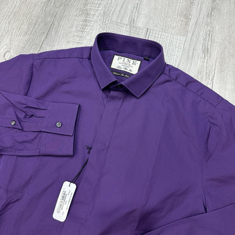 Thomas Pink Dress Shirt Mens 15.5 Royal Purple Super Slim Fit Concealed Placket